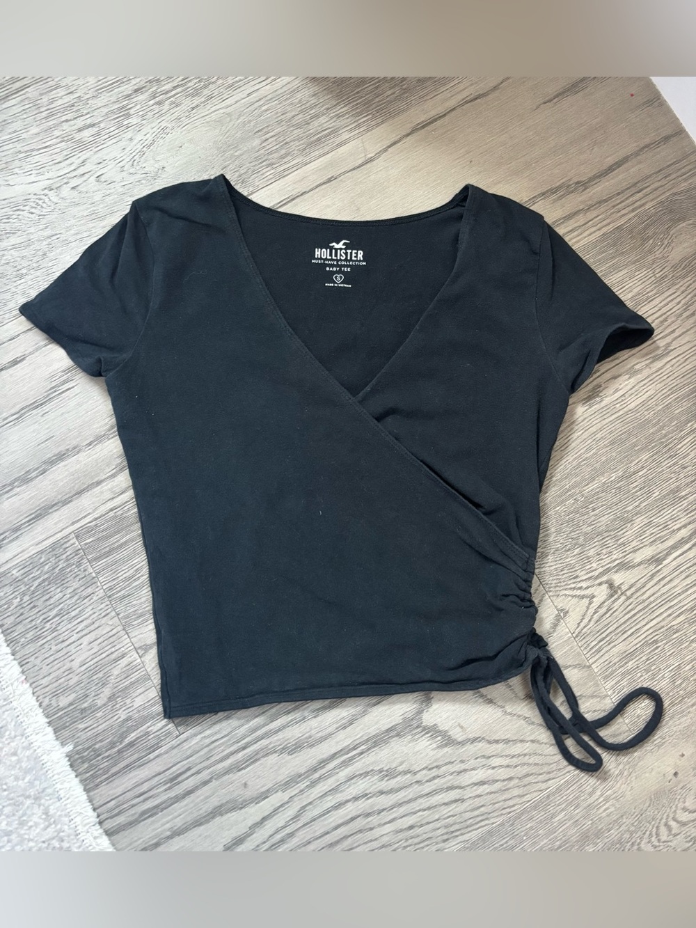 Hollister Black Wrap Top Ruched Side Tie Short Sleeve Fitted Y2K Small
